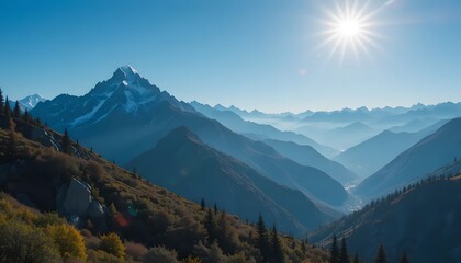 Fototapeta premium Majestic Mountain Range Under Clear Blue Sky with Shining Sun