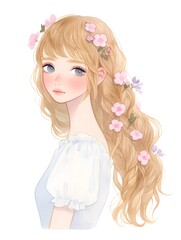 Naklejka premium Cute girl with long hair wearing a lovely chiffon dress, Generative AI