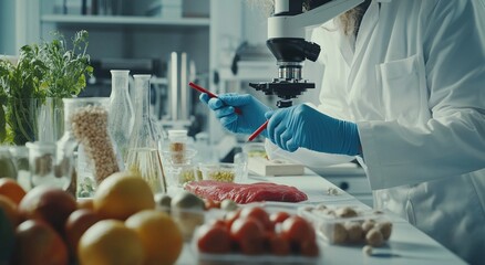 Scientist examining food samples in lab.