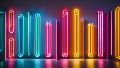 Fototapeta premium Neon signs arranged in abstract patterns on a white wall, bright colors against the minimalist environment, sharp contrasts. 
