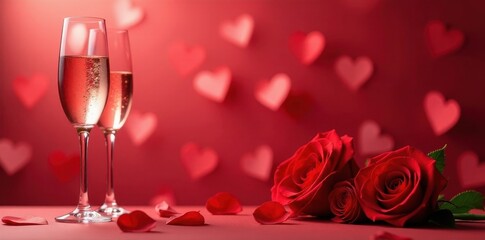 Champagne flutes, red roses, heart backdrop Romantic Valentine's Day scene , champagne, element