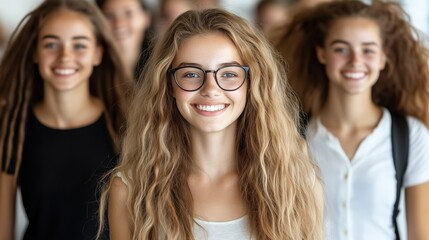Fototapeta premium cheerful group of teenage girls stands together, showcasing their long hair and bright smiles. They wear casual clothing while enjoying each others company in a well-lit indoor area