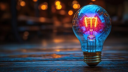 Classic light bulb placed on a simple wooden table creating a warm and inviting home environment
