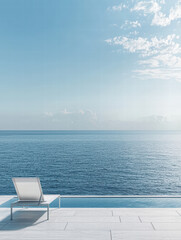 Fototapeta premium Serene Coastal Escape: An inviting chaise lounge on a bright, minimalist patio offers a tranquil view of the open sea under a soft, cloud-dappled sky. 