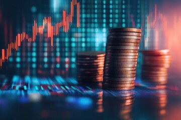 A composite image of investment success, displaying increasing coin stacks with an abstract digital finance background.