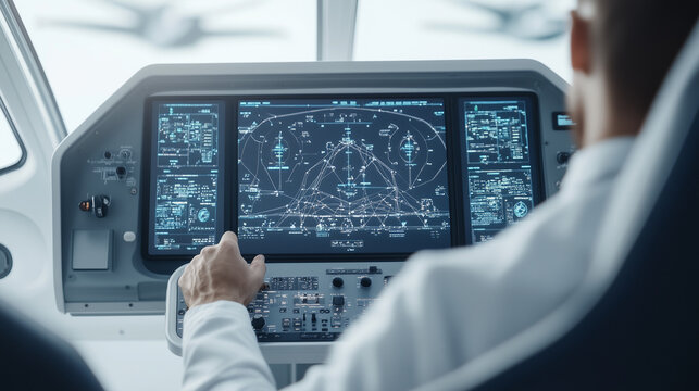 Cockpit Navigation: A pilot intently monitors a complex aircraft navigation system, highlighting technology and expertise