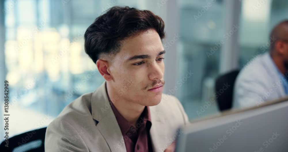 Leinwandbilder thinking, research and computer with business man in office for idea, virtual advisor and policy upd