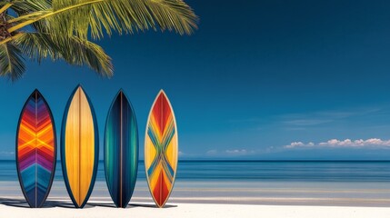 Brightly painted surfboards standing on a pristine tropical beach with palm trees, calm ocean waves, and a clear blue sky, evoking a summer vacation vibe.  
