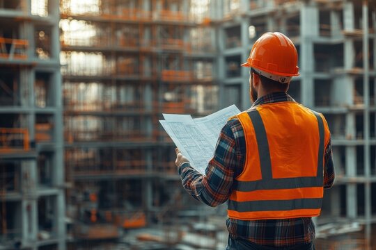 Urban project planning construction manager analyzing blueprints in professional setting - Powered by Adobe