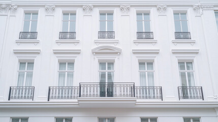 Fototapeta premium Elegant White Building Facade: A pristine white building facade, showcasing symmetrical windows, delicate balcony railings, and classical architectural detailing.