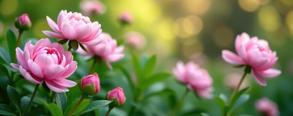 Obraz premium Pastel pink peonies in a lush garden backdrop, floral, gardenia, blooming