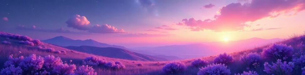 Fototapeta premium Pastel shades of peach and lavender light up a serene landscape under a starry sky, starry night, space