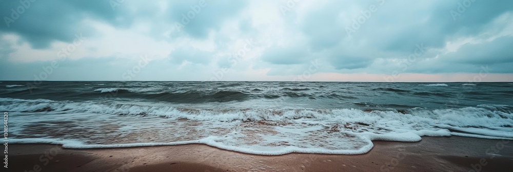 Poster Lonely seashore with gentle waves under overcast sky inviting reflection and tranquility Generative AI