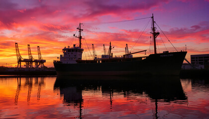 Silhouette of a ship at sunset in shipyard, maritime tranquility