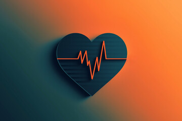 A heart icon featuring an orange electrocardiogram line on a dark blue and orange gradient background. 