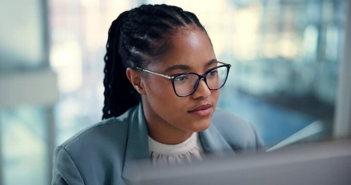 Reading, glasses and computer with business woman in office for admin account, email and audit. Online report, planning and research with employee in agency for policy update, consultant and broker