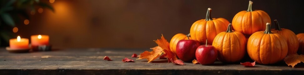 Obraz premium Piles of orange pumpkins and red apples near flickering candles on wooden table, autumn leaves, halloween decor, candles