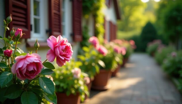 Pfister rosa Blumen in einem gem?tlichen Gartenweg, pfister blume, flowers in pots, pfister