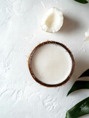 Coconut Essence: A top-down view of a coconut shell filled with coconut milk, beautifully juxtaposed with a halved coconut, evoking a sense of freshness and natural purity.