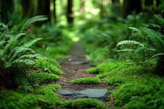 Close-up view of emerald ferns and soft moss along forest pathway, tailored for wellness retreat promotions and nature-inspired product packaging designs.