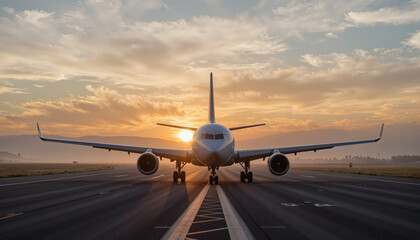 Obraz premium Airplane on empty runway at dawn, serene travel anticipation