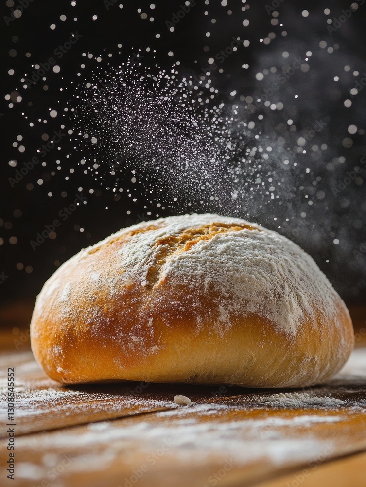 Poster rustic loaf of bread covered in flour resting on a wooden surface with powdered texture details