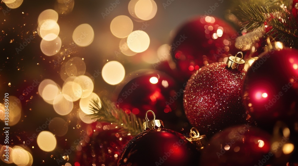 Aufkleber vibrant ruby red ornaments nestled among glowing golden bokeh lights create a festive atmosphere for