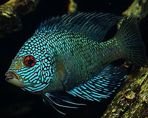 Obraz premium Turquoise Cichlid Swims Aquarium