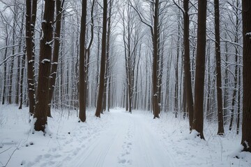Fototapeta premium a snowy path through a forest filled with snow