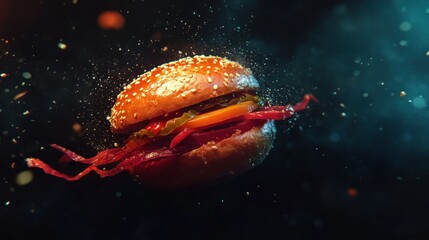 A delicious hamburger in mid-air, with vibrant colors and dynamic motion blur, surrounded by food particles and smoke.