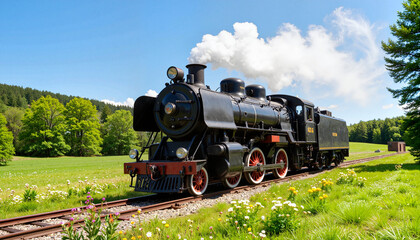 Obraz premium Steam locomotive parked in lush green countryside under clear skies, nostalgia