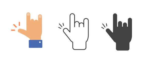 Sign horns or hard rock hand gesture icon set line stroke outline graphic illustration shape silhouette, flat cartoon rocker punk I love you symbol simple pictogram emoticon collection
