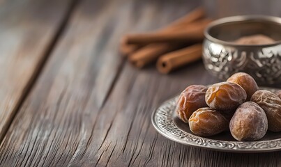Dried dates on ornate silver plate, Rustic wooden table, Generative AI