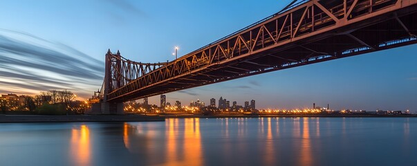 Obraz premium A large steel bridge illuminated over tranquil water at twilight