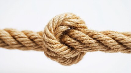 Close-up macro view of a rugged knot in thick, textured rope, symbolizing resilience, stability, and teamwork, with an organic and rustic appeal.. AI Generation