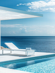 Obraz premium Serene Seaside Retreat: An idyllic coastal scene, featuring a modern, minimalist design with a pristine sun lounger beside a tranquil infinity pool overlooking the vast.