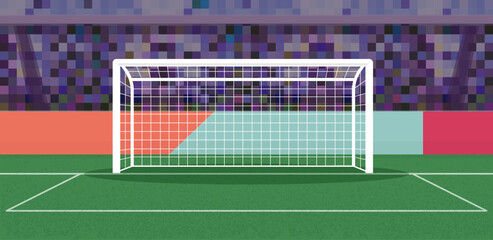 Soccer goal on stadium field vector graphic illustration, football sport post or goalpost on abstract crowd match spectators empty on green grass image
