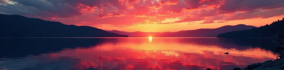 Fiery hues paint the lake's calm surface at sunset , rays, reflection, calm