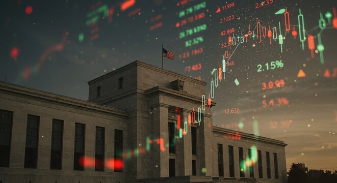 Federal Reserve building with floating stock market indicators, symbolizing economic policies, interest rates, and financial regulations.