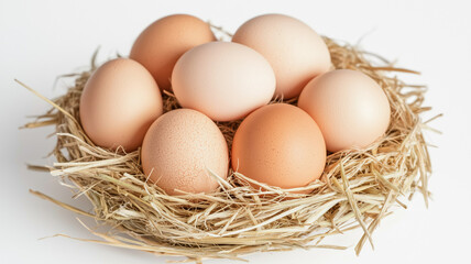 Basket of Fresh Eggs on Straw Isolated on White Background
