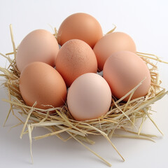 Basket of Fresh Eggs on Straw Isolated on White Background
