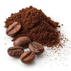 Ground coffee bean powder and whole coffee beans on a transparent background showcasing their rich texture and dark color, coffee beans powder on transparent background