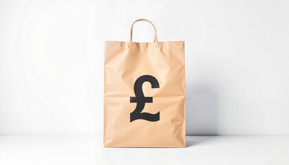 Stylish bag featuring pound sign against white background, money concept