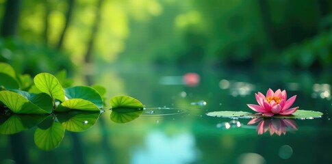 green leaves and flowers on the water surface,, surface