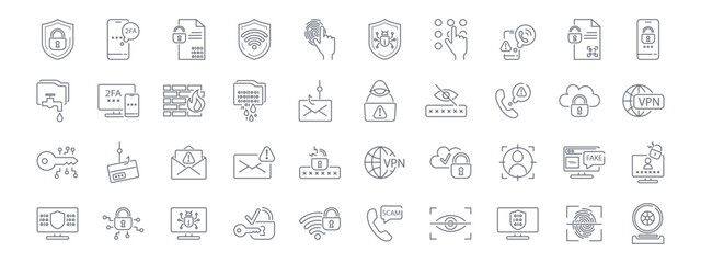 Fototapeta premium Cyber security line icon set. Data Protection, Encryption, Firewall, Hacking Attack, Phishing, Data Leak, Password, Digital Signature, Fake Website, Scam Call vector illustration. Editable Strokes