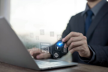 E-learning education concept, Show online e-learning of icons on hand. Learning online educate technology improvides accessibiliry, Learning through online greater enhance. knowledge in homeschool