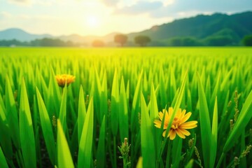 Green rice field with yellow paddy flowers blooming in the sun, blooming, flowers
