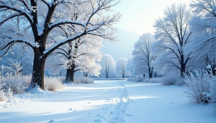 Obraz premium Trees covered in snow and ice with branches bare and skeletal, barren, landscape, snow