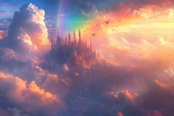 Fototapeta premium Fantasy landscape majestic castle in the clouds - a surreal aerial digital art piece