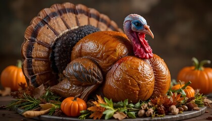Roasted Turkey Centerpiece with Pumpkins and Fall Foliage for Thanksgiving